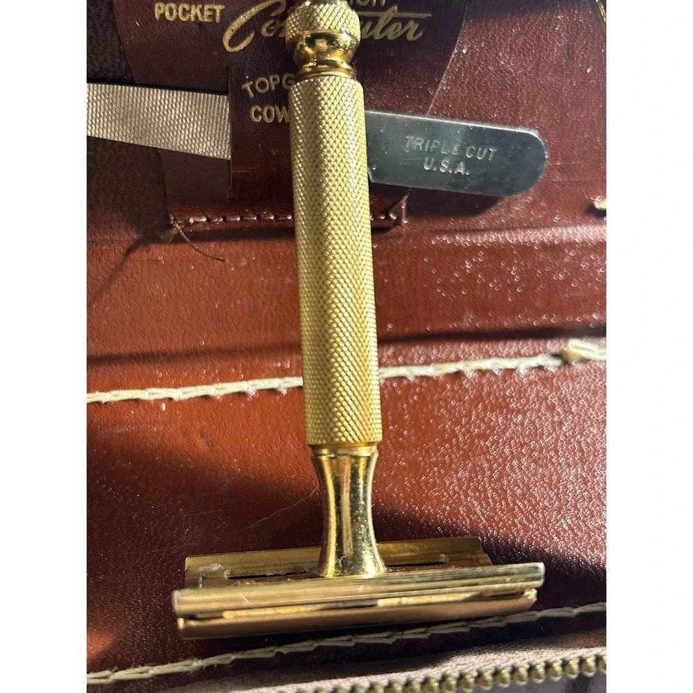 Vintage Hickok Commuter Leather Zip W/3 Old Gillette‎ Schick Razors Top Cowhide